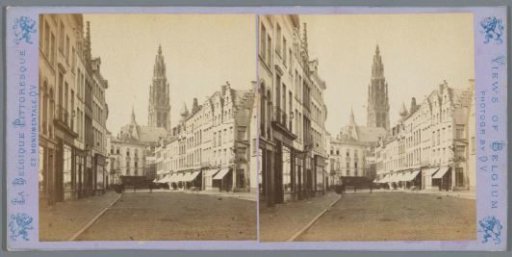 View of the Tower of the Cathedral of Our Lady, seen from the Grasmarkt Street in Antwerp