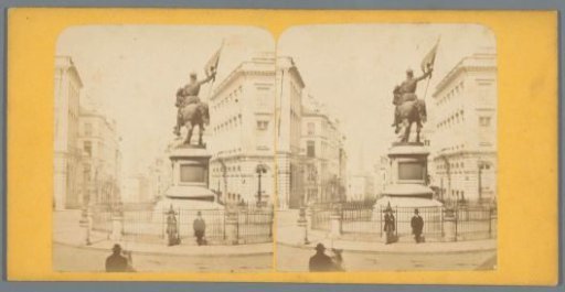 View of the statue of Godfrey of Bouillon with the Hofberg Street and the town hall tower in Brussels in the background