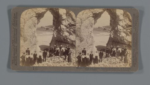View of Wishing Arch, a limestone cliff on the coast of Northern Ireland