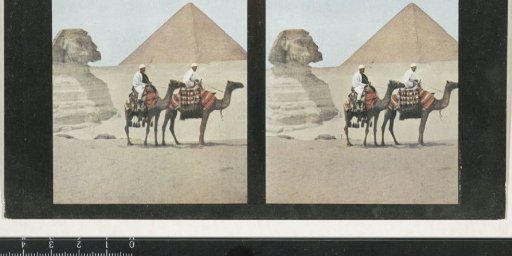 Two men on dromedaries near the Pyramid of Cheops and the Sphinx of Giza