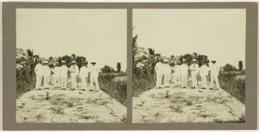 Group portrait of seven European men standing on a country road in front of an Asian servant, possibly in Borneo