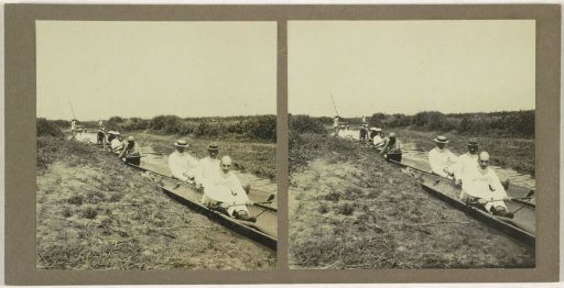 Several boats on a narrow waterway, presumably the Sungai Martapura river, with both Europeans and indigenous inhabitants of Borneo