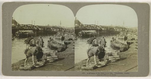 People and boats along a river in Yokohama
