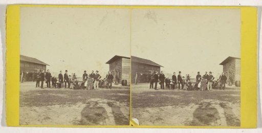 Group of people on a courtyard between barracks, Mexico