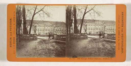 Entrance to Bellevue Palace, Berlin. Man with child next to the gate