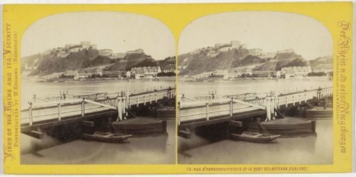 View of Fort Ehrenbreitstein and a boat bridge over the Moselle near Koblenz, Germany