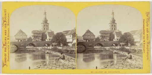 View of a bridge and the church tower of Bad Kreuznach, Germany