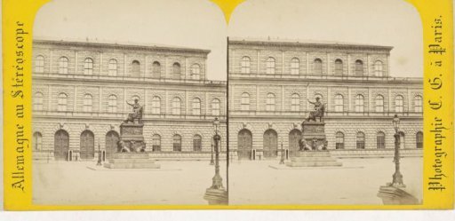 Theatre of the Munich Kammerspiele and the statue of Maximilian II of Bavaria on the Maximilianstrasse in Munich, Germany