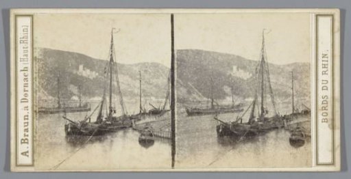 View of ships at the mouth of the Lahn and Stolzenfels Castle, view from Oberlahnstein, Germany