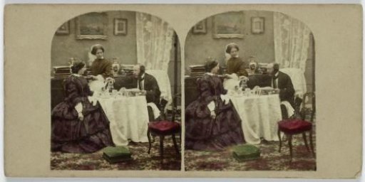Man and woman drinking at a table, maid standing beside them