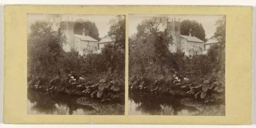 View of the church of Bishopstoke with a man on the riverbank