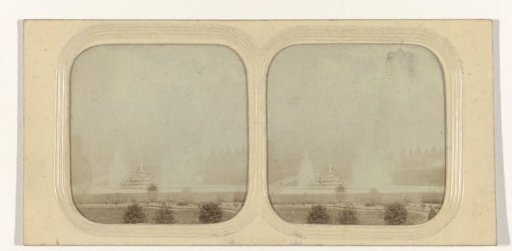 View of the garden of Versailles with a company in a salon behind it