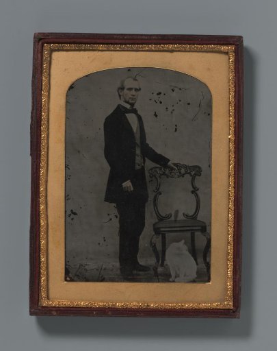 Portrait of an unknown standing man with a chair and a white cat