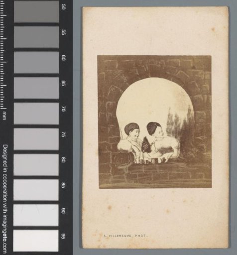 Photographic reproduction of a drawing with a trompe-l'oeil representation of two women in a window as a skull