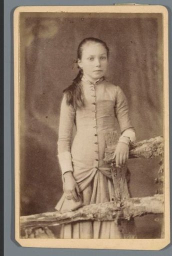 Portrait of an unknown girl leaning over a fence of tree trunks