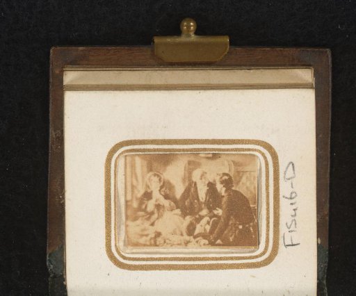 Photographic reproduction of two unknown men and a woman in an interior
