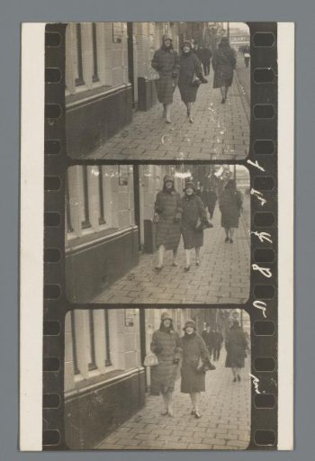 Postcard with three film frames of two unknown women on the street
