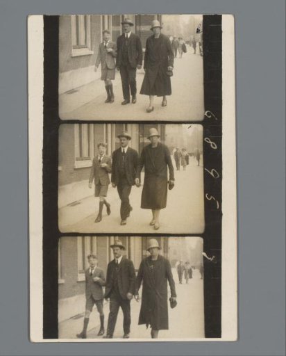 Postcard with Three Film Images of an Unknown Man, Woman and Boy on the Street