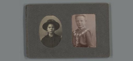 Two Portraits of Two Unknown Girls, One Wearing a Hat; Mounted in a Card Holder