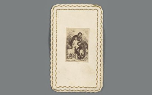Photographic reproduction of a painting of Joseph, Christ and John the Baptist on a devotional print for a First Communion
