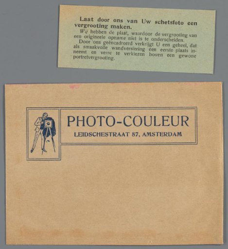 Envelope of photography studio Photo-Couleur with print of photographer with camera and advertising text about enlargements of sketch photographs