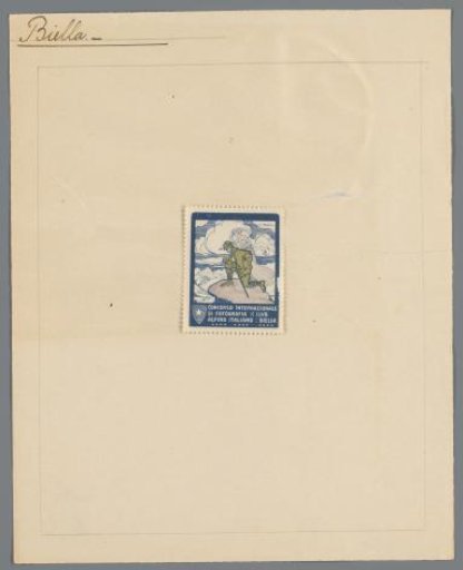 Sheet with a stamp from the Concorso Internazionale di Fotografia of the Club Alpino Italiano in Biella, depicting a mountaineer with a camera and a muse