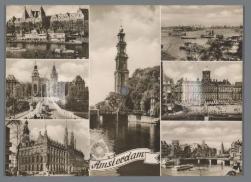 Phonograph card: postcard with seven photos of Amsterdam, with grooves for a gramophone record