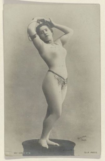Portrait of a scantily clad unknown dancer on a program for a concert, advertisement for Comptoir Photographique de l'Ouest