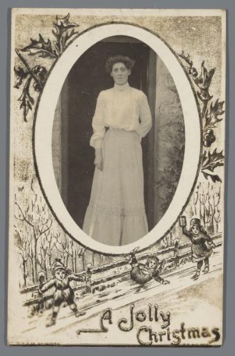 Christmas greeting with portrait of an unknown woman in doorway