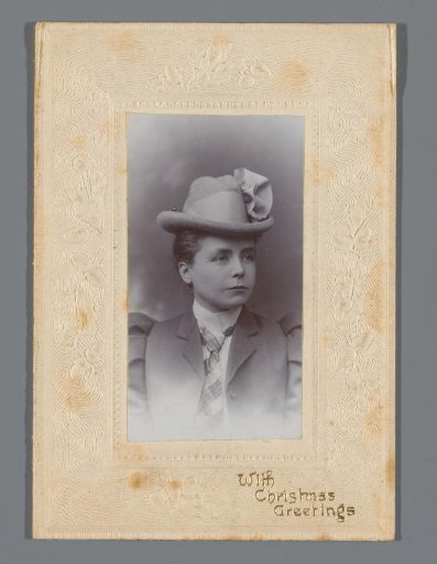 Christmas greeting with portrait of an unknown woman with hat