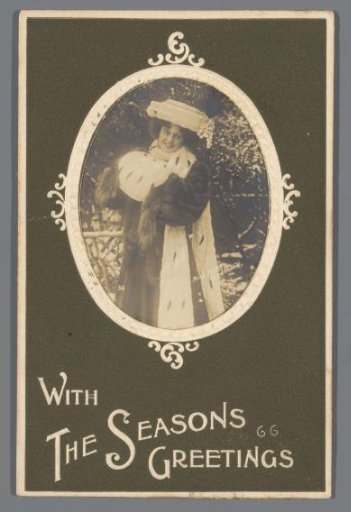 Christmas and New Year's greeting with portrait of Marie Studholme in fur coat