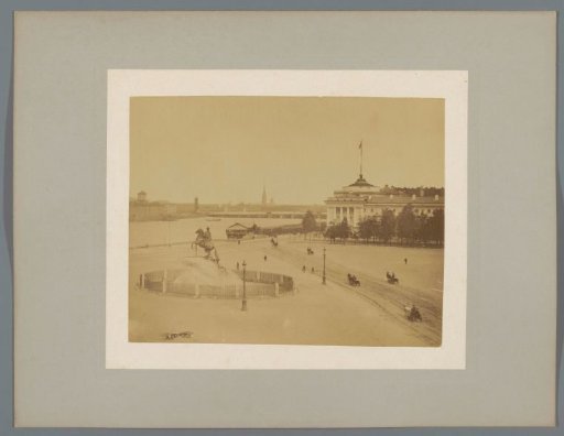 Statue of Peter I the Great along the Neva in St. Petersburg, in the distance the Peter and Paul Cathedral