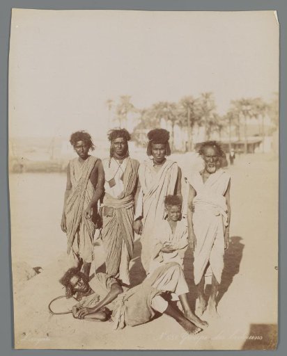 Group portrait of six unknown Bedouins in Egypt.
