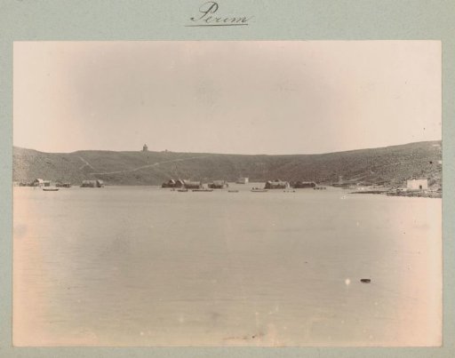 View of the coast of Perim, with fishing boats