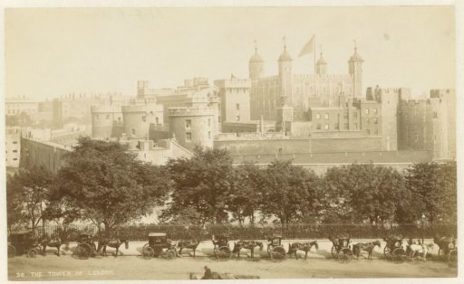 View of the Tower of London, with several carriages in the foreground