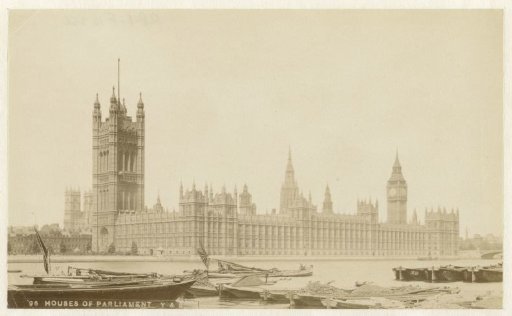 Palace of Westminster in London, with ships in the Thames in the foreground