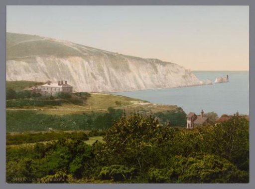 View of Alum Bay on the Isle of Wight, with the Needles to the right in the distance
