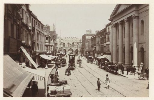 High Street in Southampton, with the Bargate in the distance