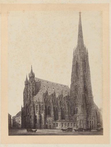 Photographic reproduction of a drawing of St. Stephen's Cathedral in Vienna, Austria