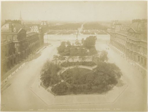 View of the Place du Carrousel from the Louvre in Paris, in the background the Tuileries