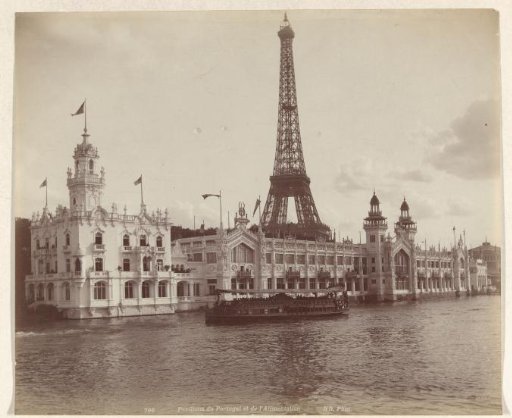 Pavilions on the Seine at the World Exhibition of 1889 in Paris, with the Eiffel Tower in the background