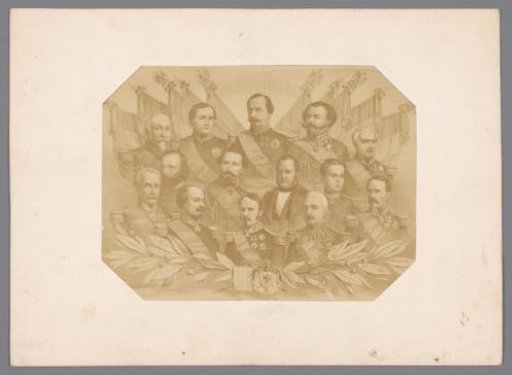 Portraits of politicians and nobles during the Unification of Italy including Napoleon III, Camillo Cavour, Giuseppe Garibaldi and Victor Emmanuel II of Italy