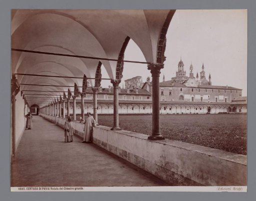 Cloister walk with three monks at Pavia, Italy