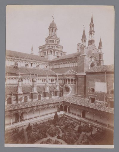 Monastery garden and tower of the Certosa di Pavia at Pavia, Italy