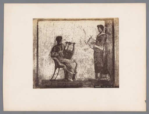 Photographic reproduction of a fresco depicting two people playing a lyre