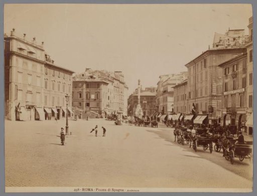 View of the Piazza di Spagna in Rome, in the distance the Column of the Immaculate Conception and the Spanish Steps