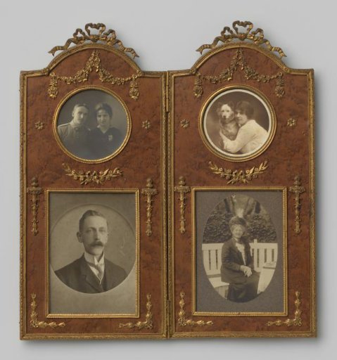 Four portraits: an unknown man and woman, an unknown woman with a dog, an unknown man with a mustache, and an unknown woman in a garden
