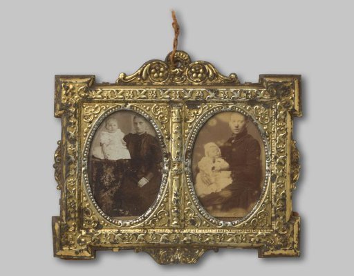 Two portraits of two unknown women with a child