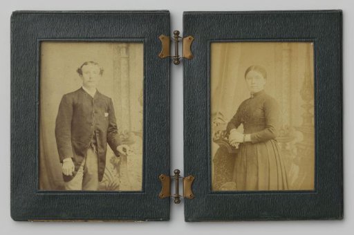 Two portraits of an unknown man and woman in a folding frame