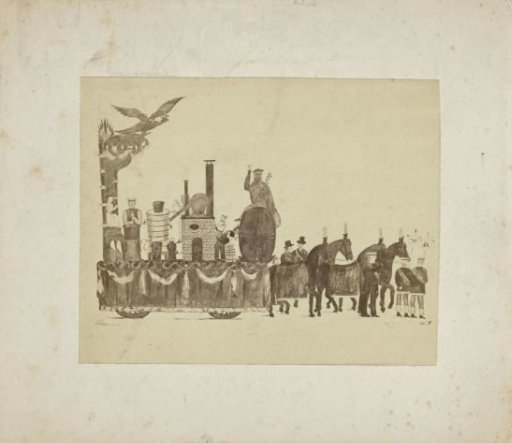 Photographic reproduction of a drawing of a triumphal car with horses